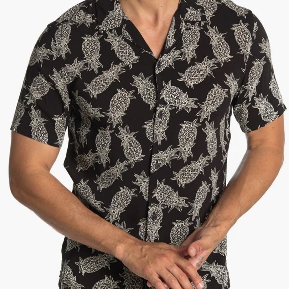 All Saints Black and White Pineapple Print Men's Viscose Shirt NWOT